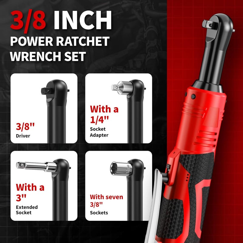 FULLYEA Cordless Electric Ratchet Wrench Set, 40 Ft-lbs, 550 RPM Power Ratchet,16.8V electric ratchet 3/8" drive with Variable Speed, 1/4" Adapter, LED Light, 2*2.0Ah Li-ion Batteries and Fast Charger - Image 5